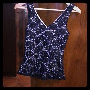 Nude Blush with Black Lace Overlay Peplum Blouse